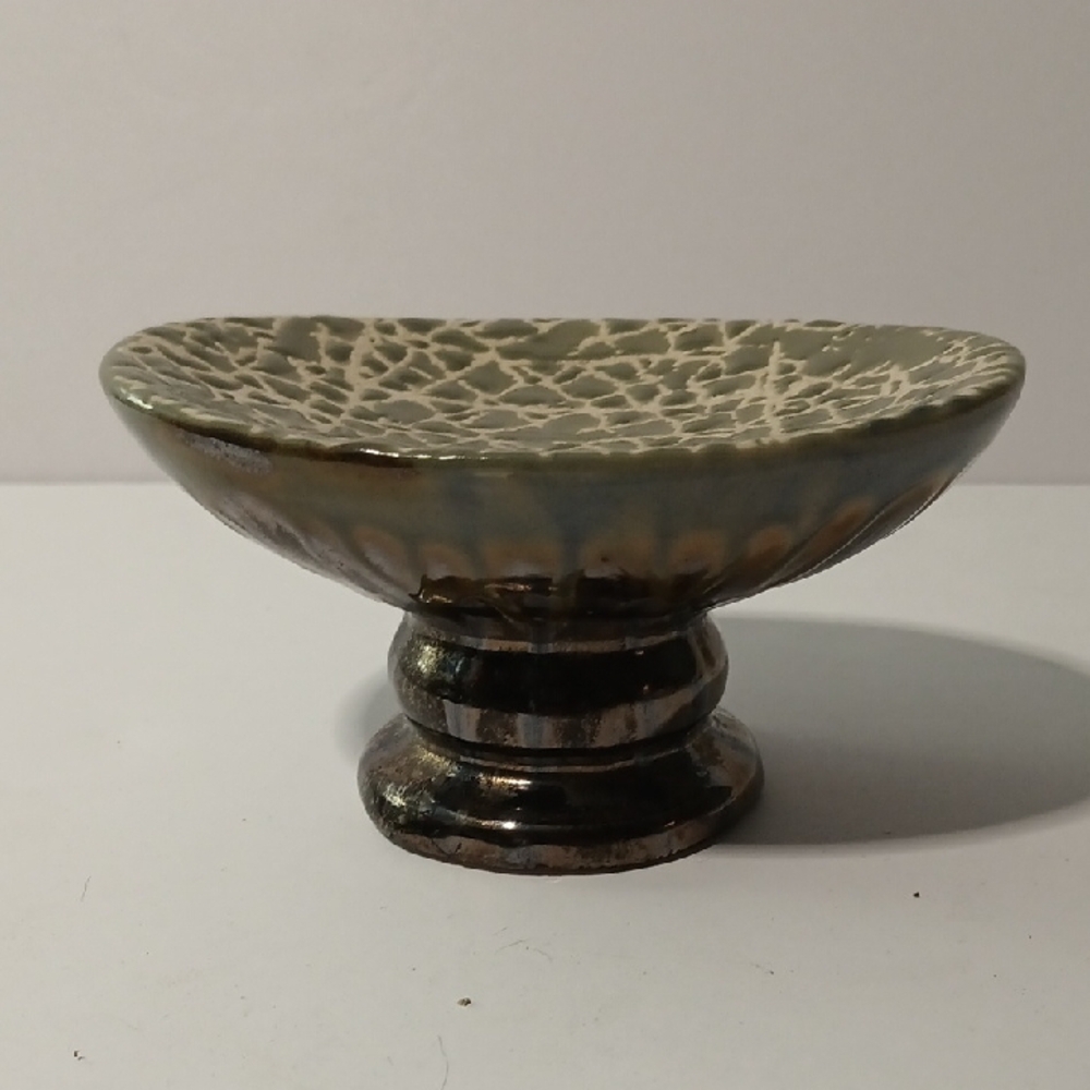 Hand Crafted Cream and Brown Ceramic Pedestal Bowl